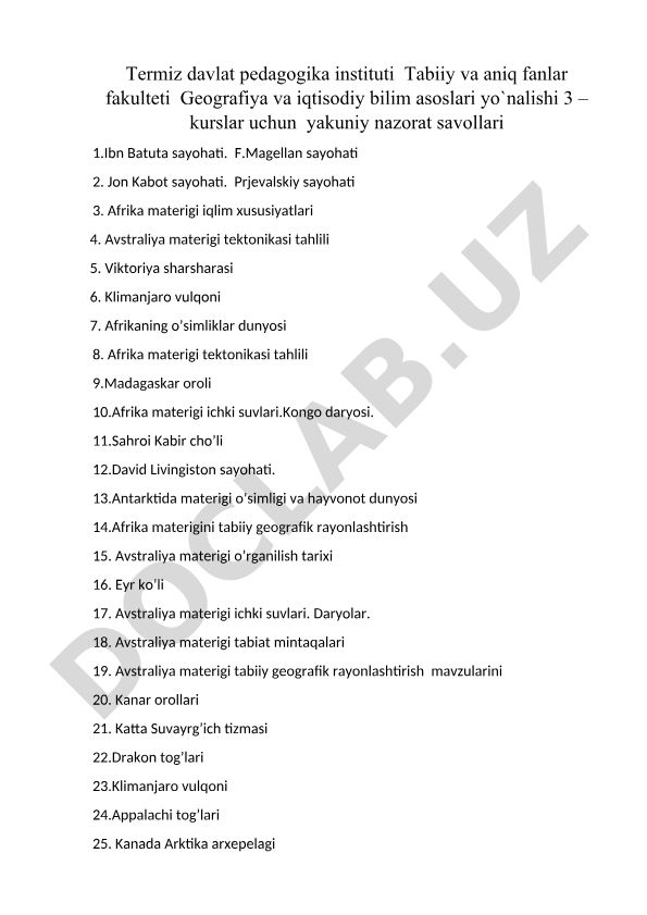 Geografiya va iqtisodiy bilim asoslari yo'nalishi 3-kurslar uchun yakuniy nazorat savollari