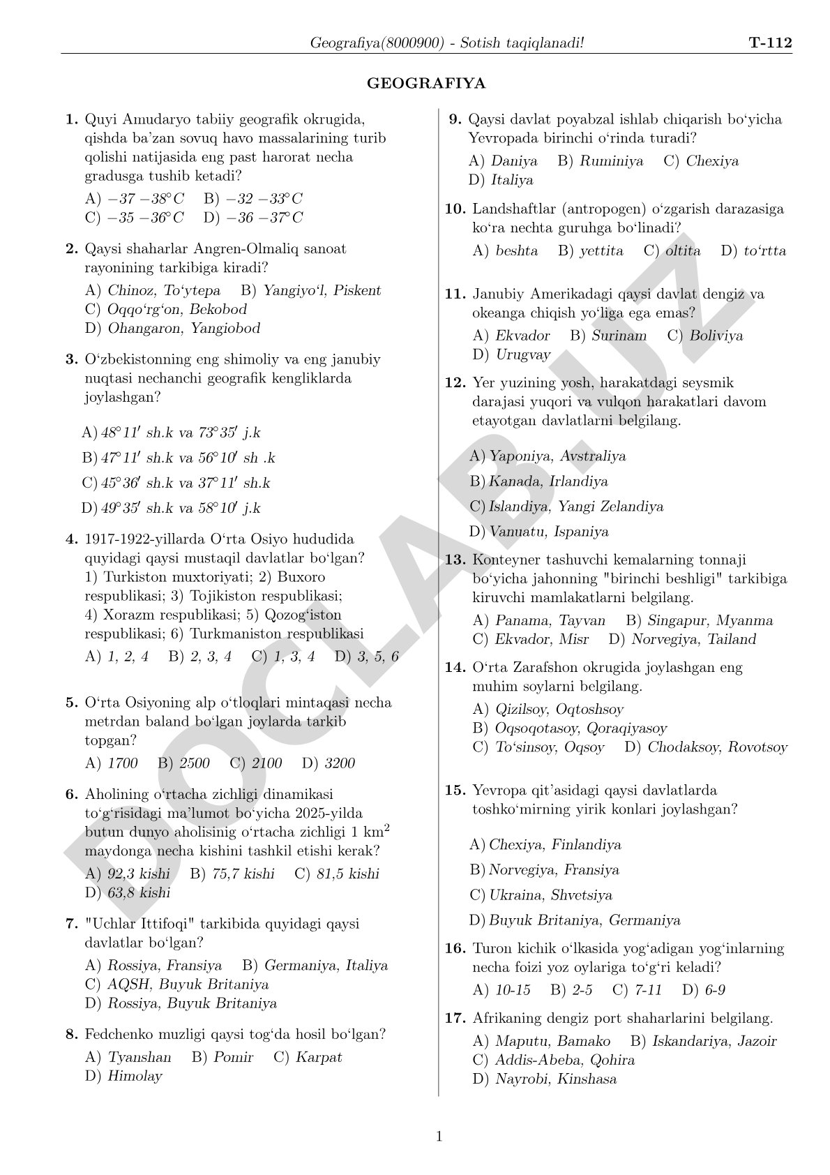 Geografiya fanidan test savollari