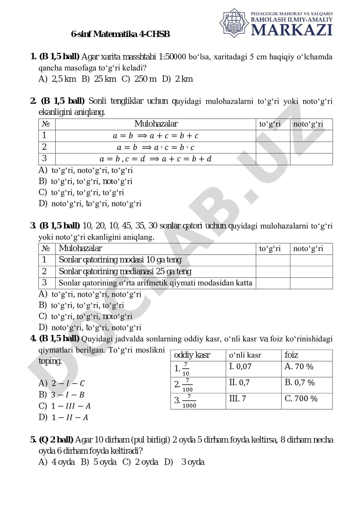 6-sinf Matematika 4-CHSB