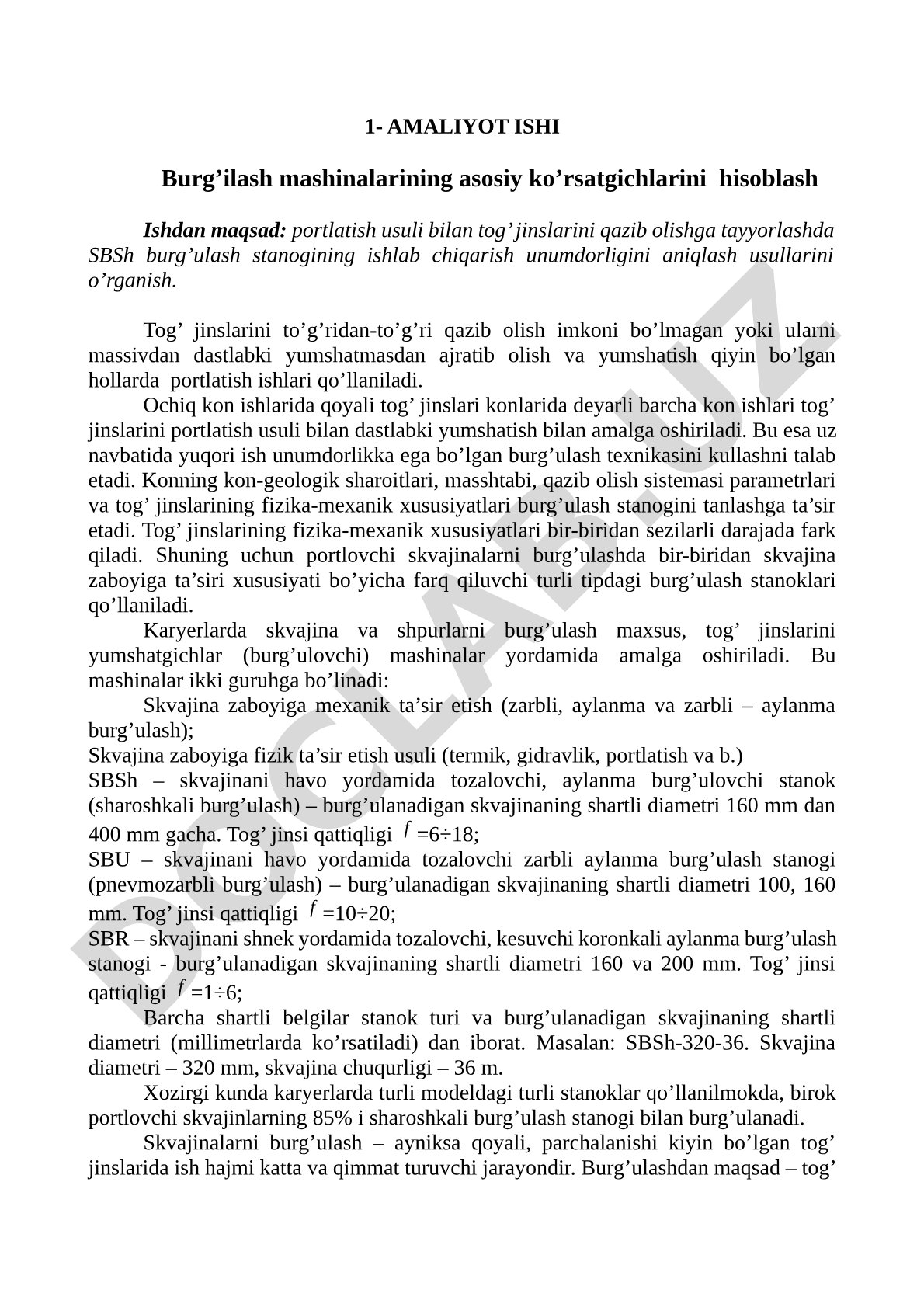Burg’ilash mashinalarining asosiy ko’rsatgichlarini hisoblash