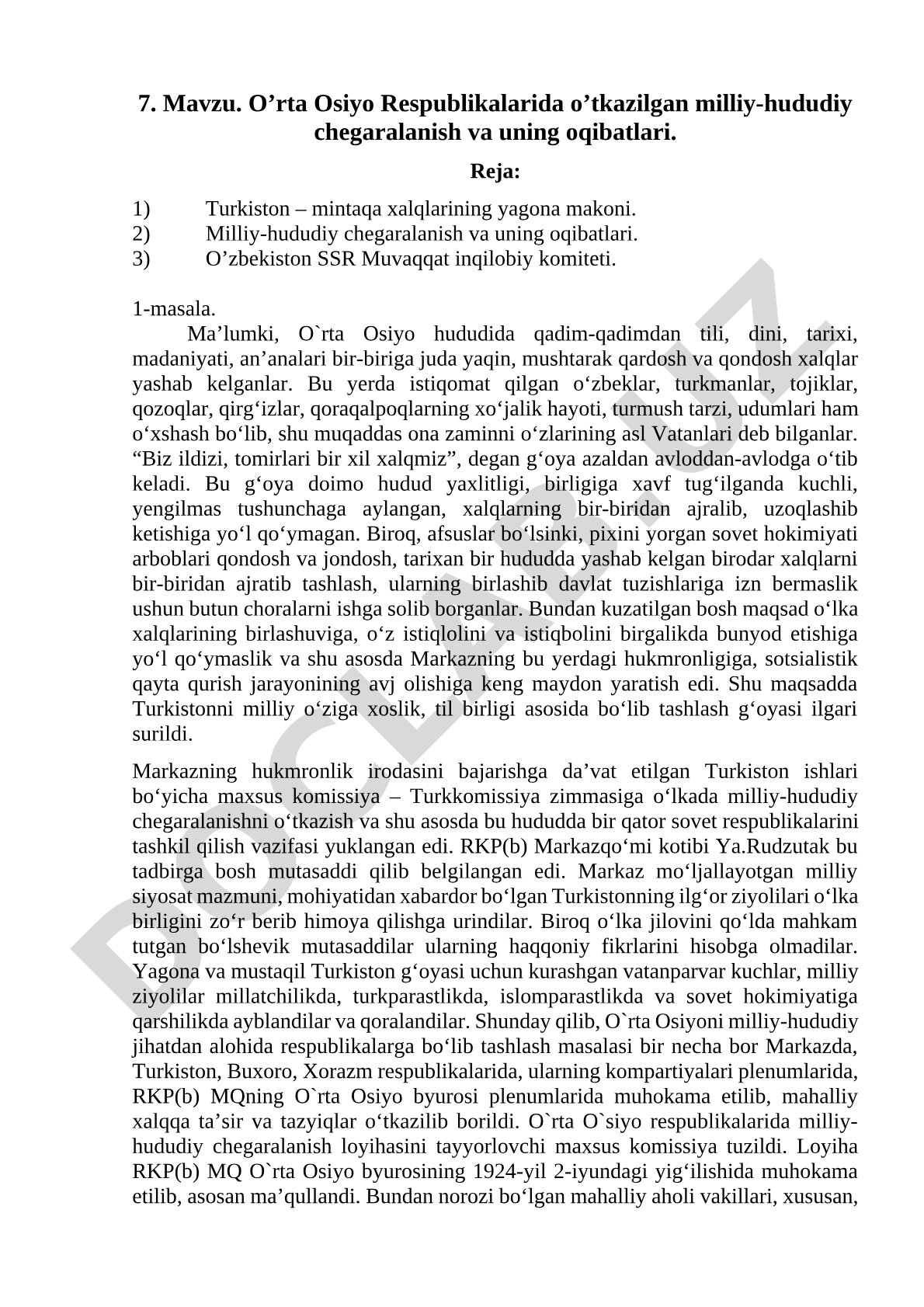 O’rta Osiyo Respublikalarida o’tkazilgan milliy-hududiy chegaralanish va uning oqibatlari