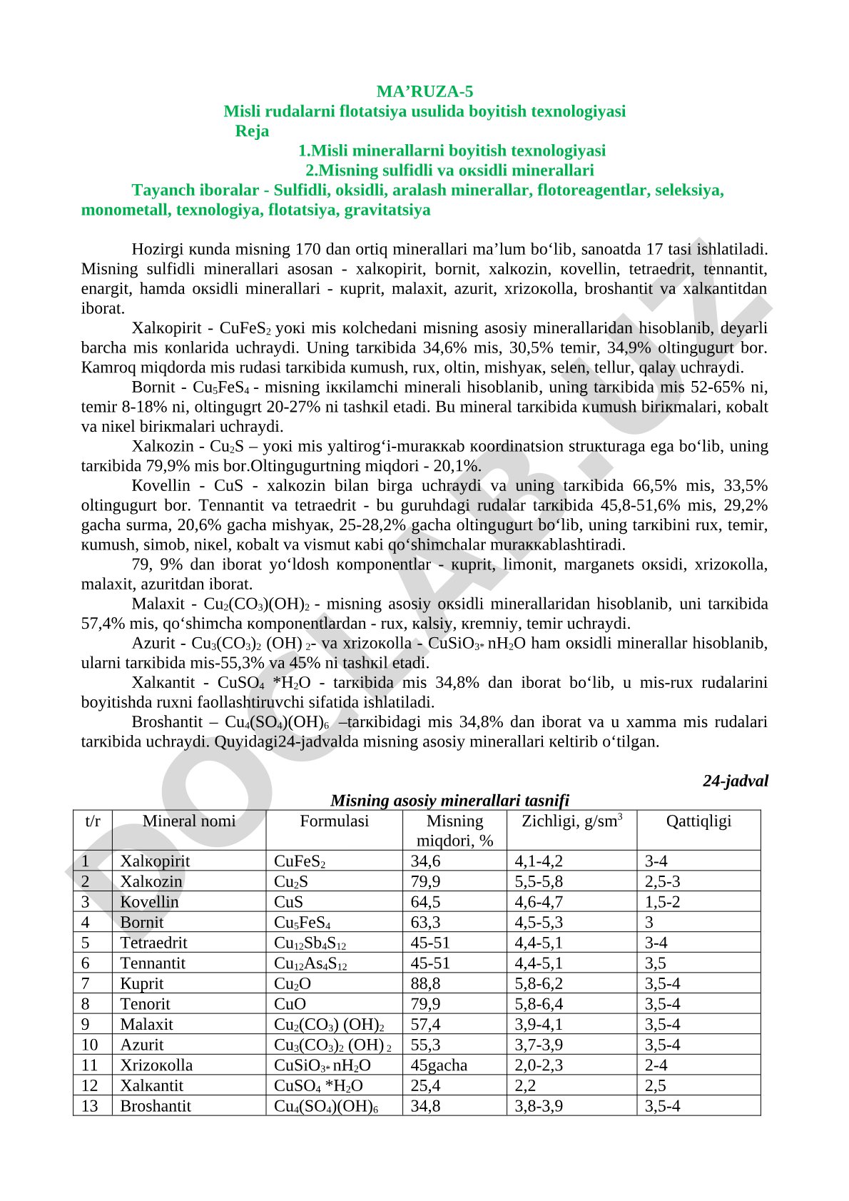 Misli rudalarni flotatsiya usulida boyitish texnologiyasi