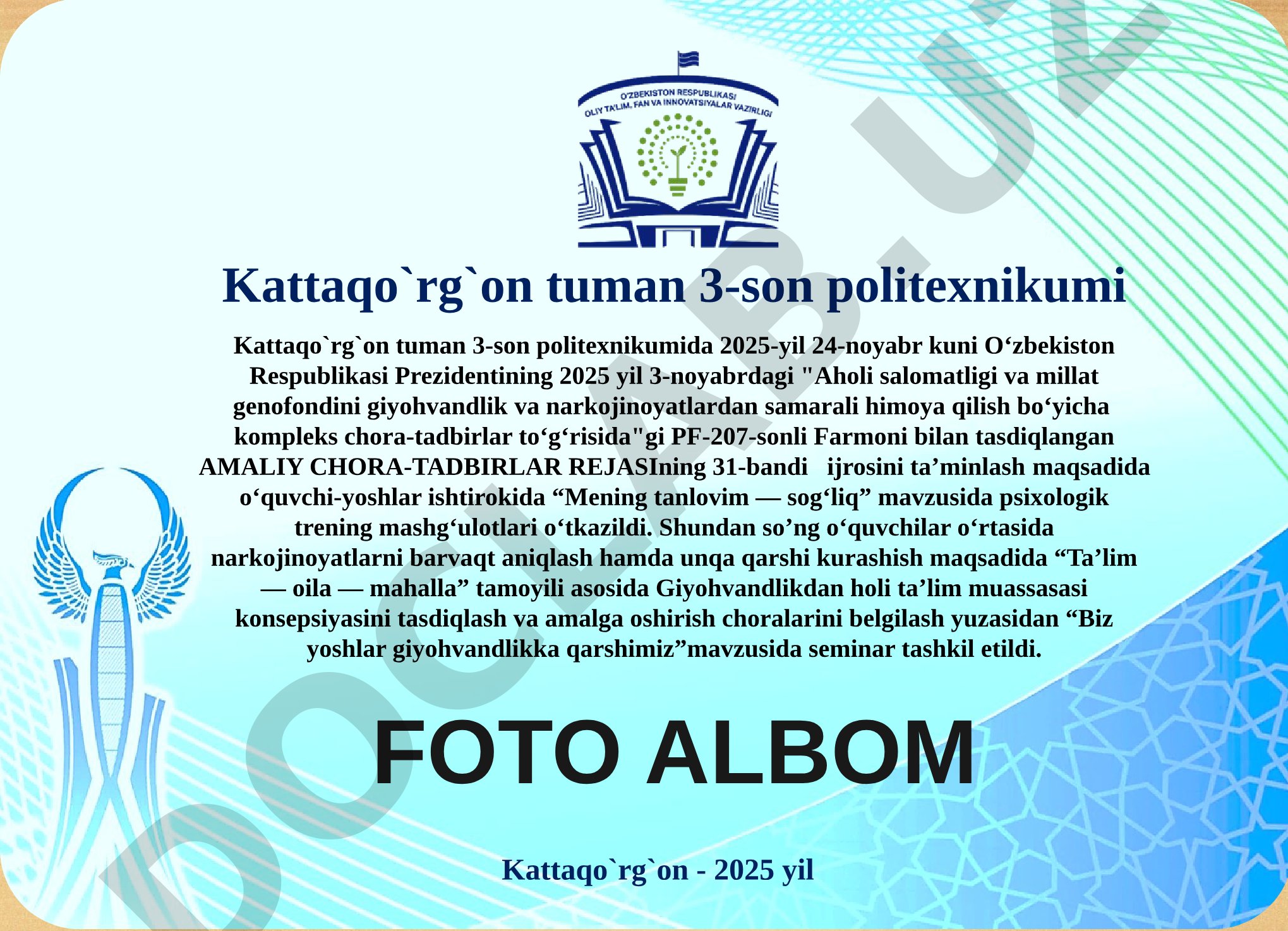 Mening tanlovim — sog‘liq mavzusida psixologik trening va giyohvandlikka qarshi seminar