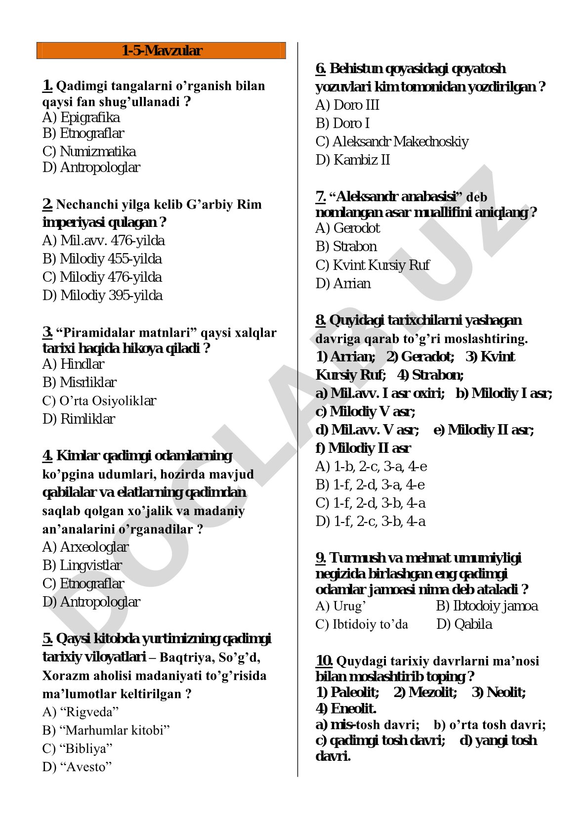 Qadimgi dunyo tarixi bo'yicha test savollari