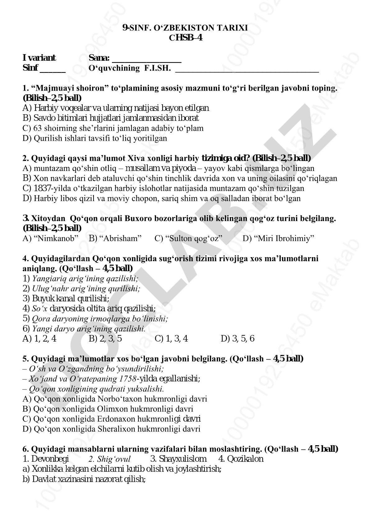 O'zbekiston tarixi 9-sinf CHSB test savollari