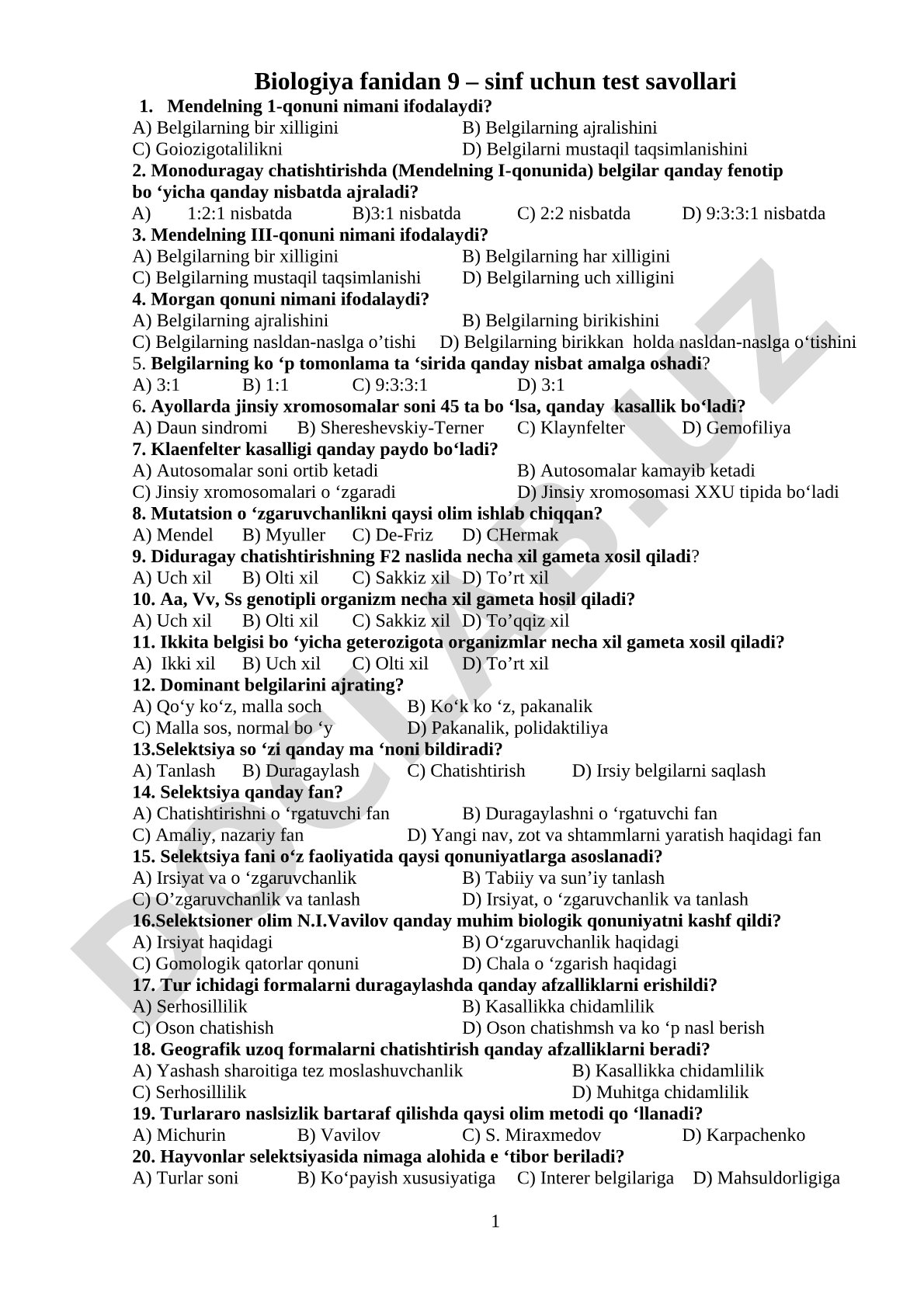 Biologiya fanidan 9 – sinf uchun test savollari