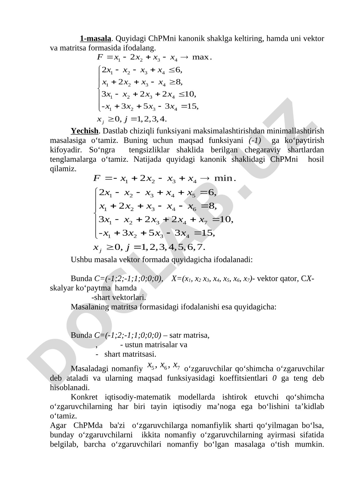 Chiziqli programmalash masalasini kanonik shaklga keltirish