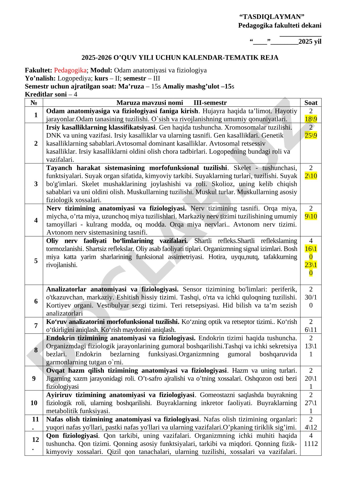 2025-2026 O’QUV YILI UCHUN KALENDAR-TEMATIK REJA