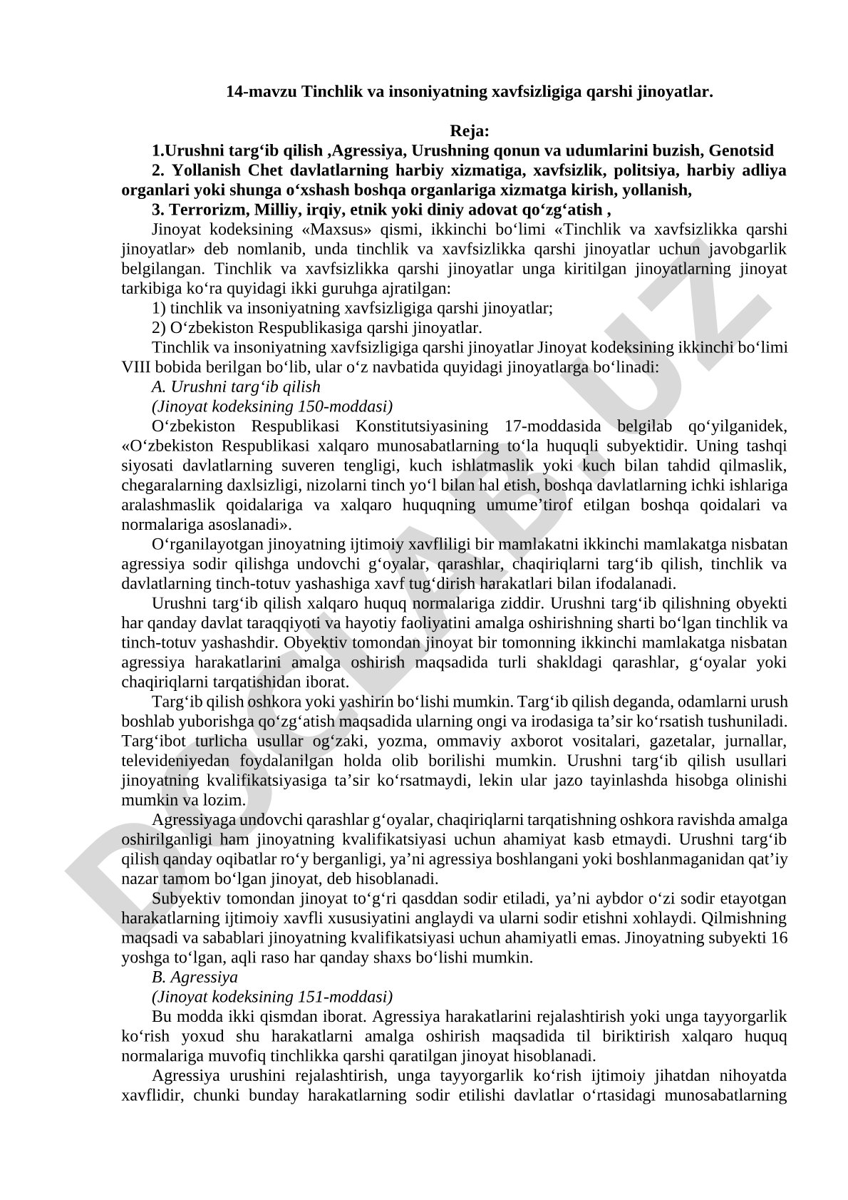 Tinchlik va insoniyatning xavfsizligiga qarshi jinoyatlar