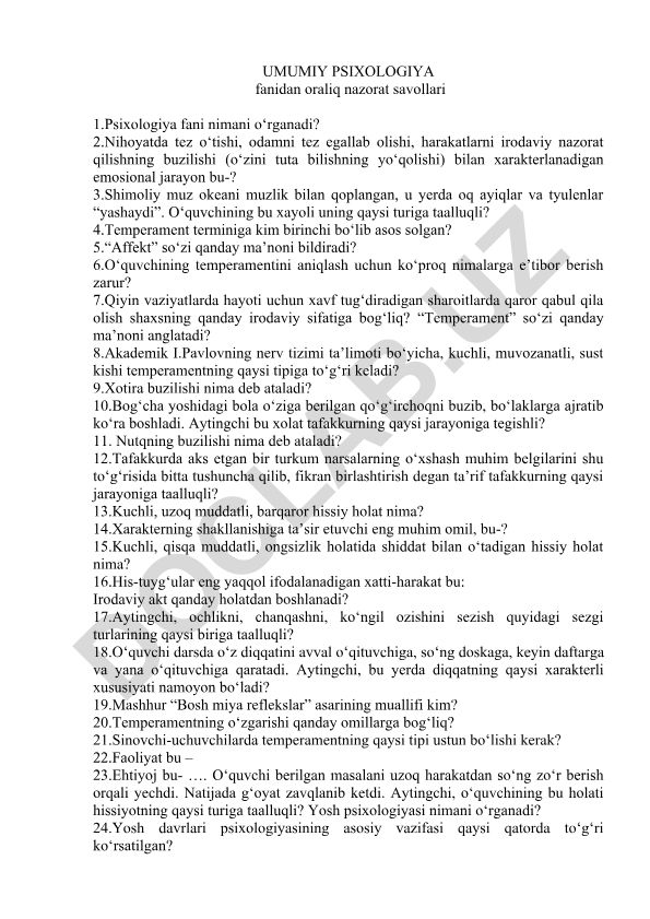 Umumiy psixologiya fanidan oraliq nazorat savollari