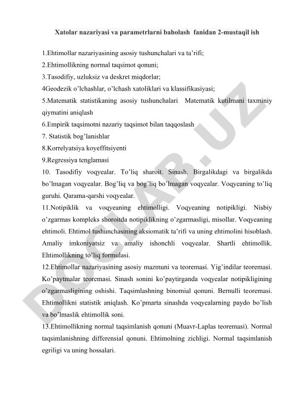 Ehtimollar nazariyasi va parametrlarni baholash fanidan mustaqil ish