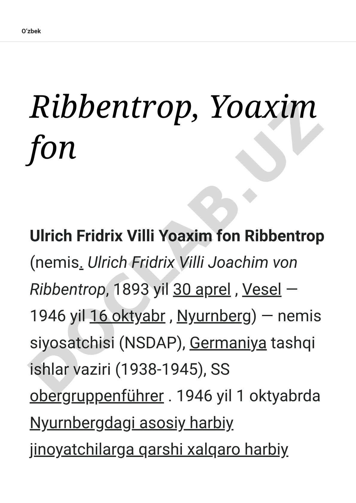 Germaniya tashqi ishlar vaziri bo'lgan, Nyurnbergda aybdor deb topilgan nemis