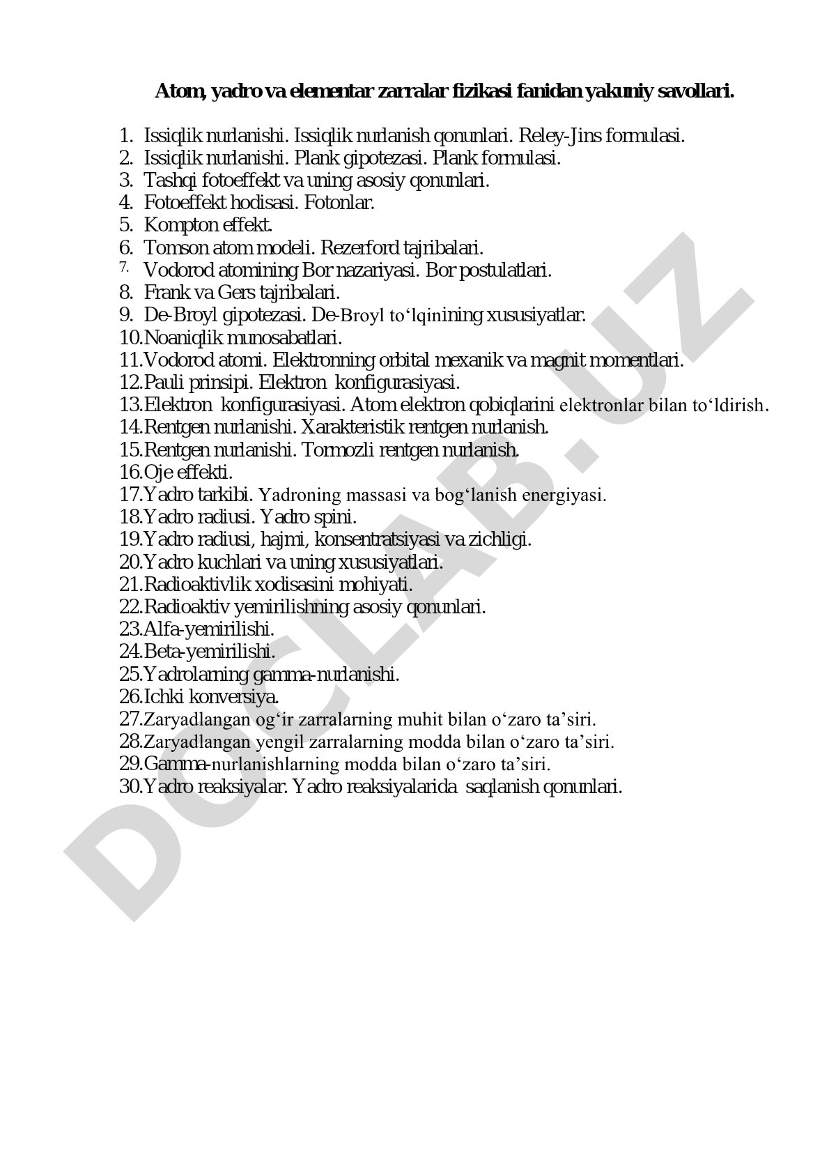 Atom, yadro va elementar zarralar fizikasi fanidan yakuniy savollari