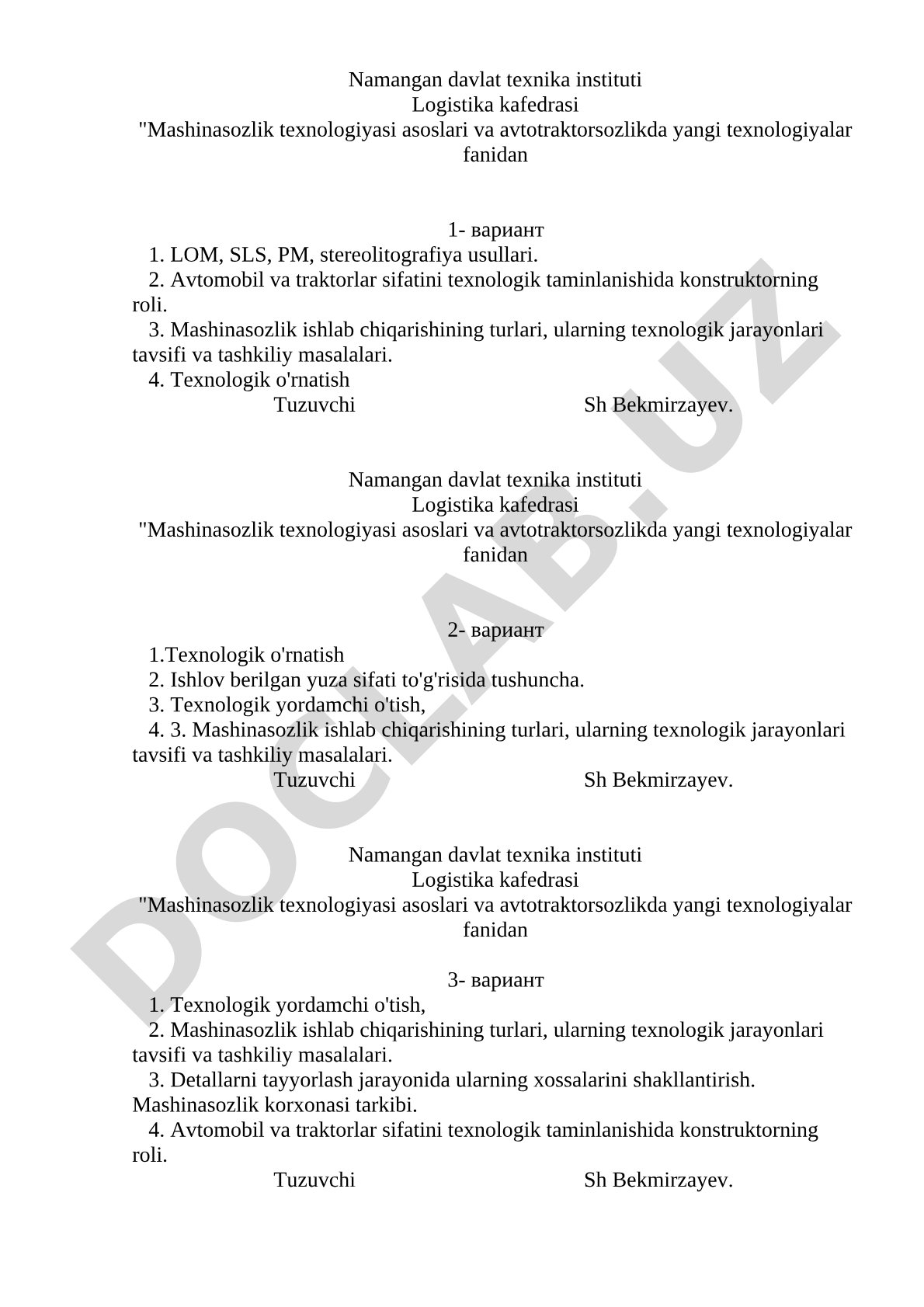 Mashinasozlik texnologiyasi asoslari va avtotraktorsozlikda yangi texnologiyalar