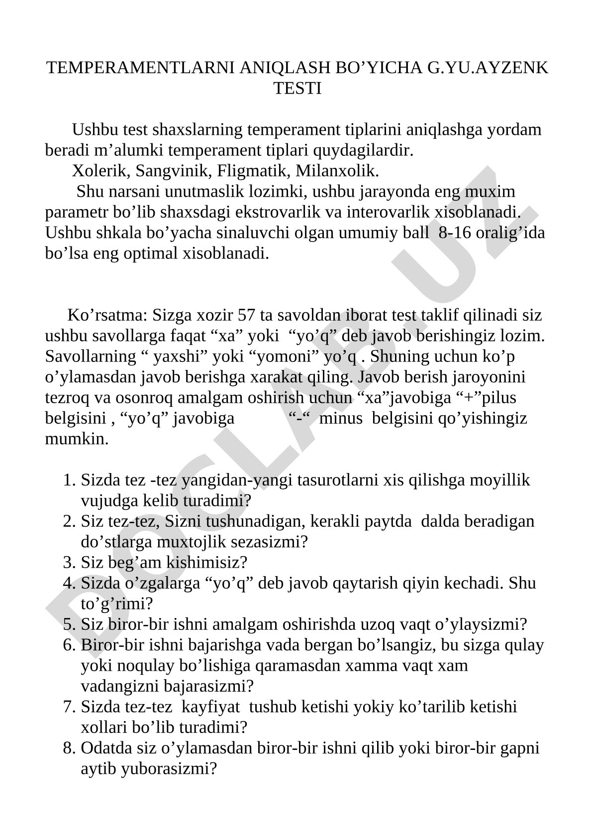 Temperamentlarni aniqlash bo’yicha G.Yu.Ayzenk testi