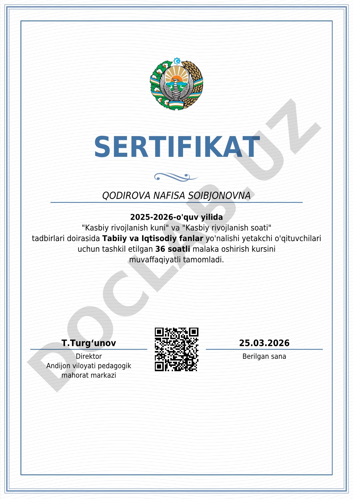 Qodirova Nafisa uchun malaka oshirish sertifikati