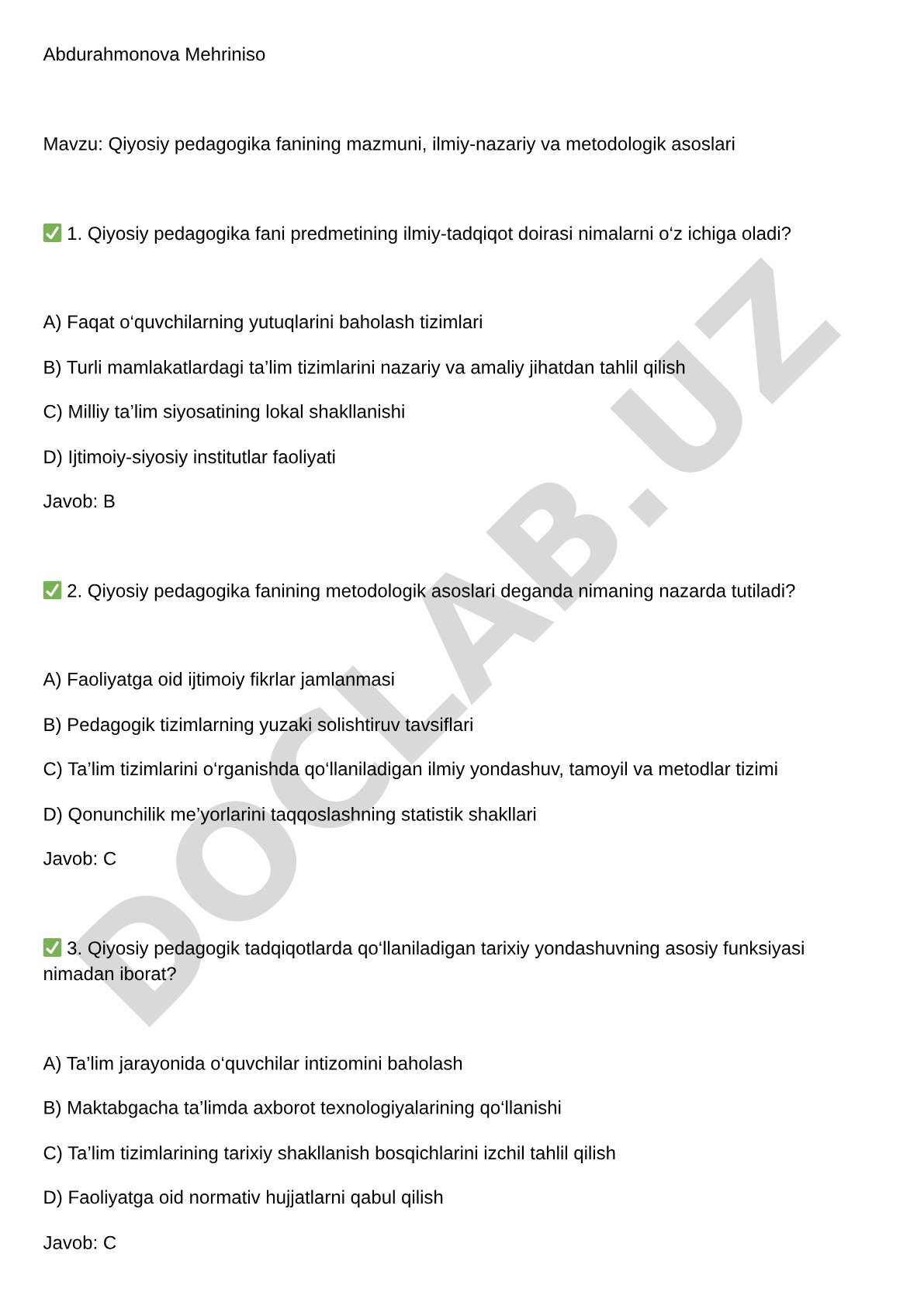 Qiyosiy pedagogika fanining mazmuni, ilmiy-nazariy va metodologik asoslari