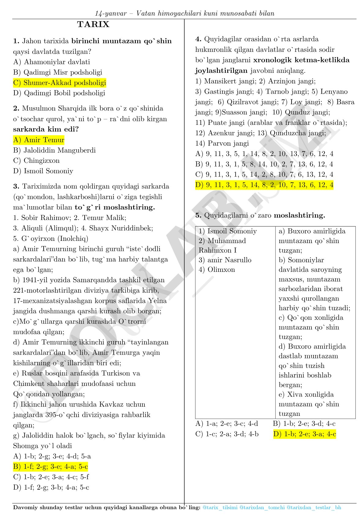 Tarix fanidan test savollari