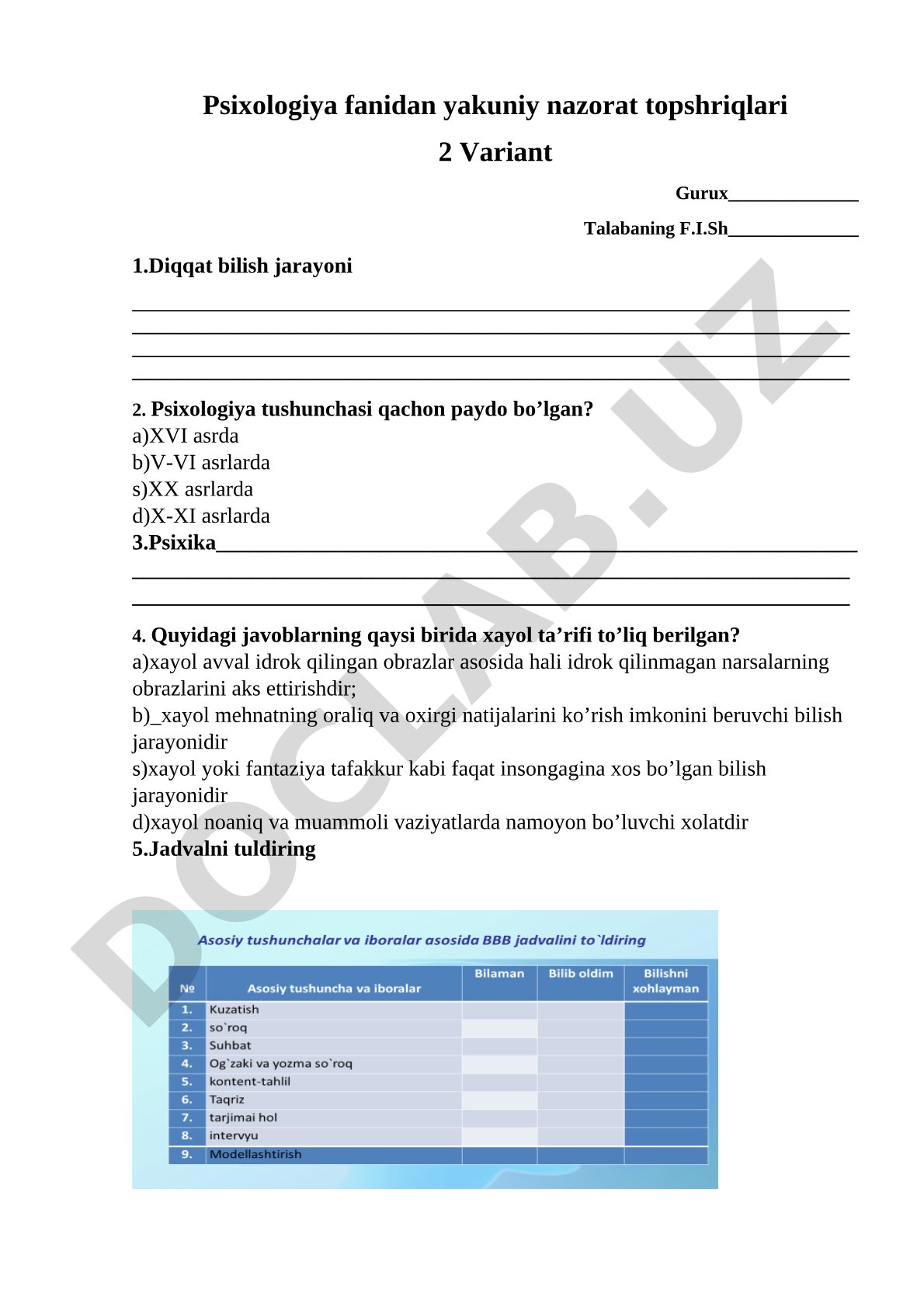 Psixologiya fanidan yakuniy nazorat topshriqlari 2 Variant