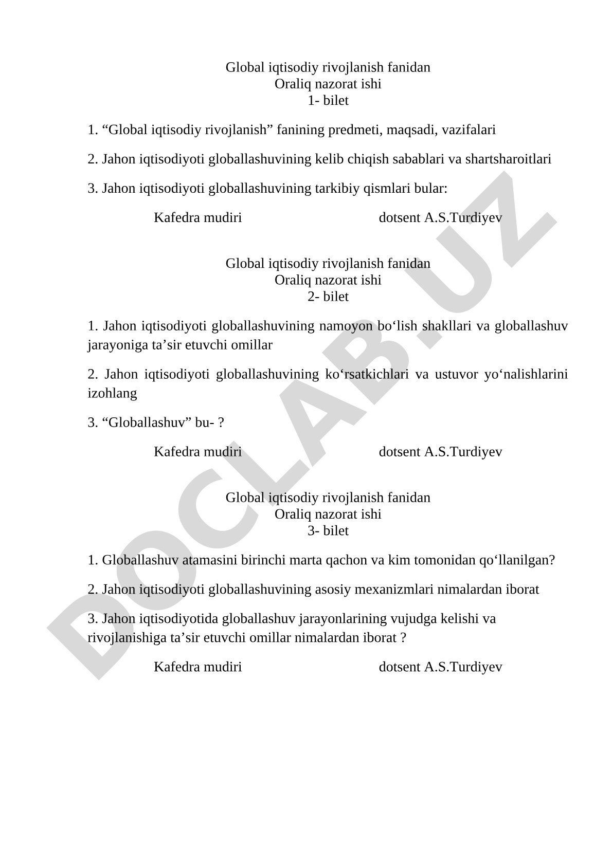Global iqtisodiy rivojlanish fanidan Oraliq nazorat ishi