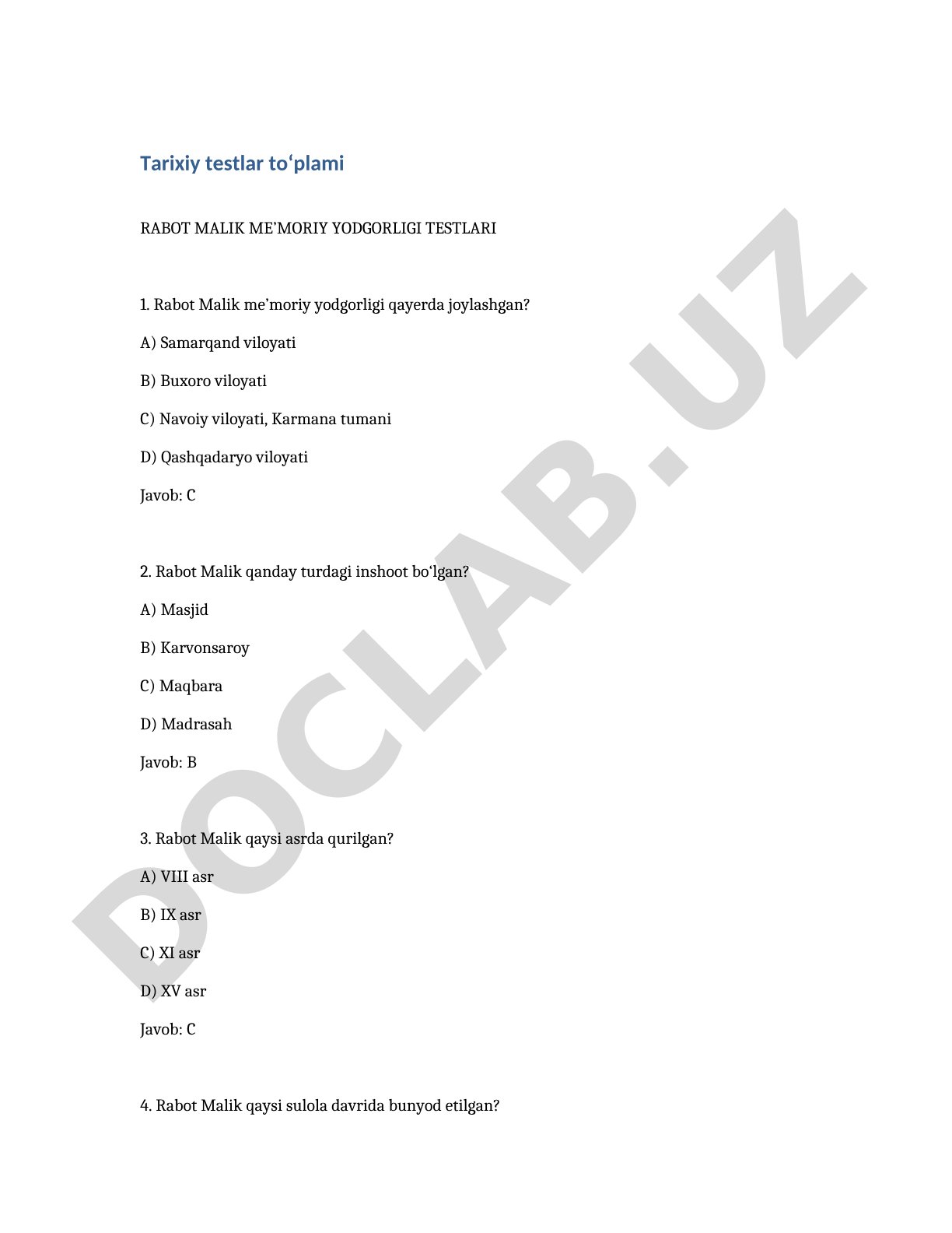 Rabot Malik me'moriy yodgorligi testlari
