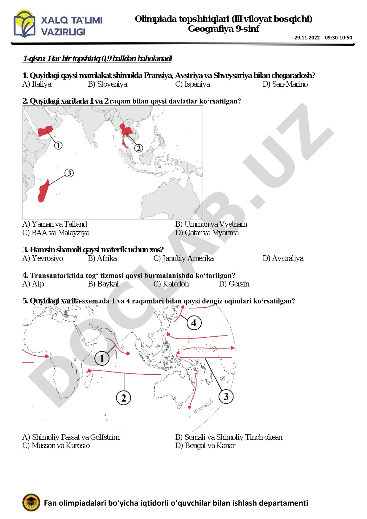 Olimpiada topshiriqlari (III viloyat bosqichi) Geografiya 9-sinf