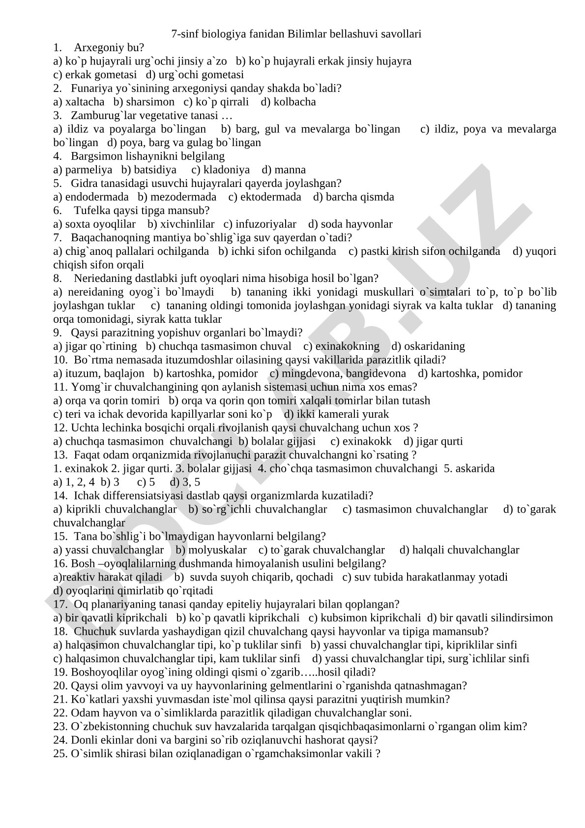 7-sinf biologiya fanidan Bilimlar bellashuvi savollari