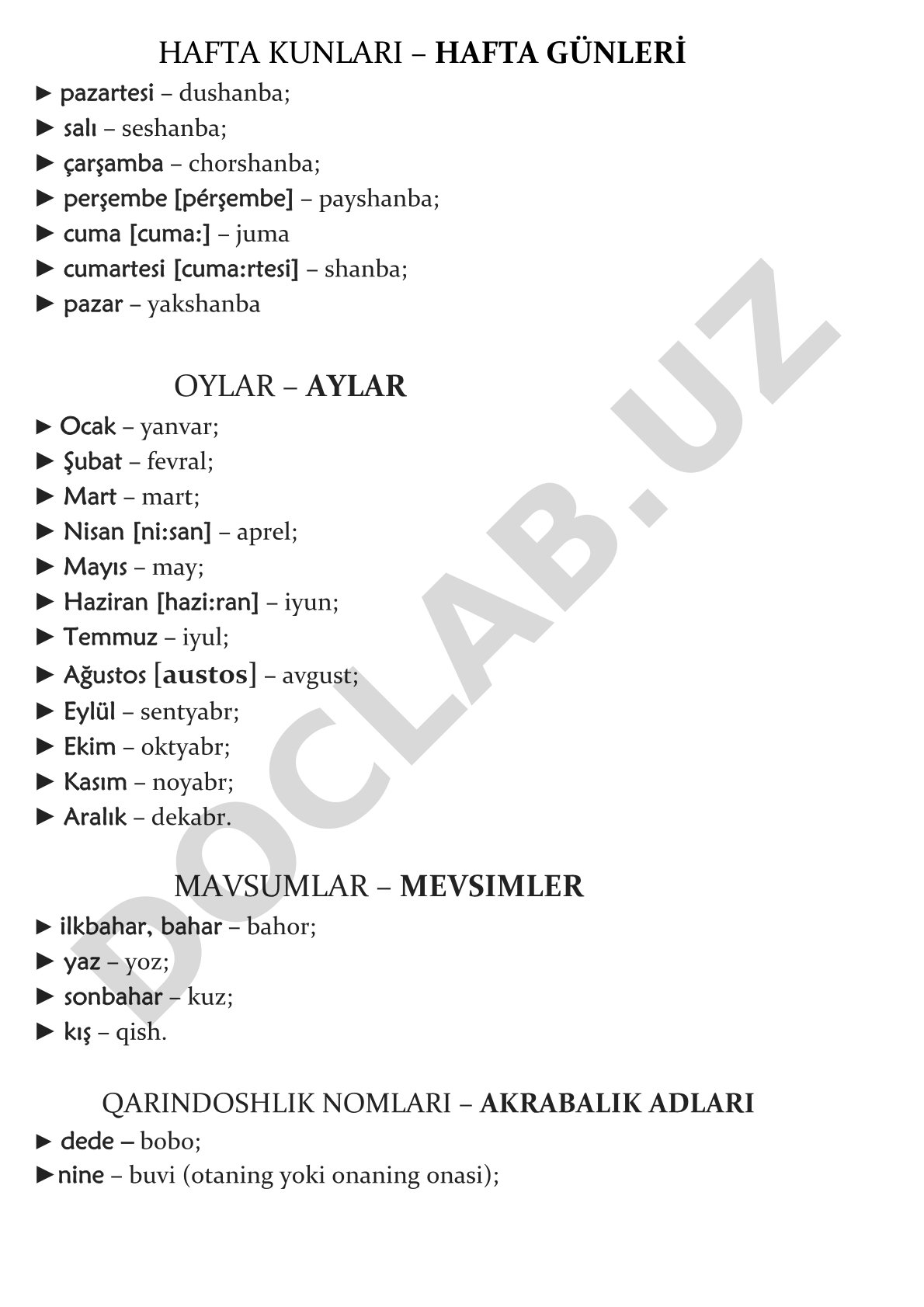 Turkcha-o'zbekcha lug'at: hafta kunlari, oylar, fasllar, qarindoshlik