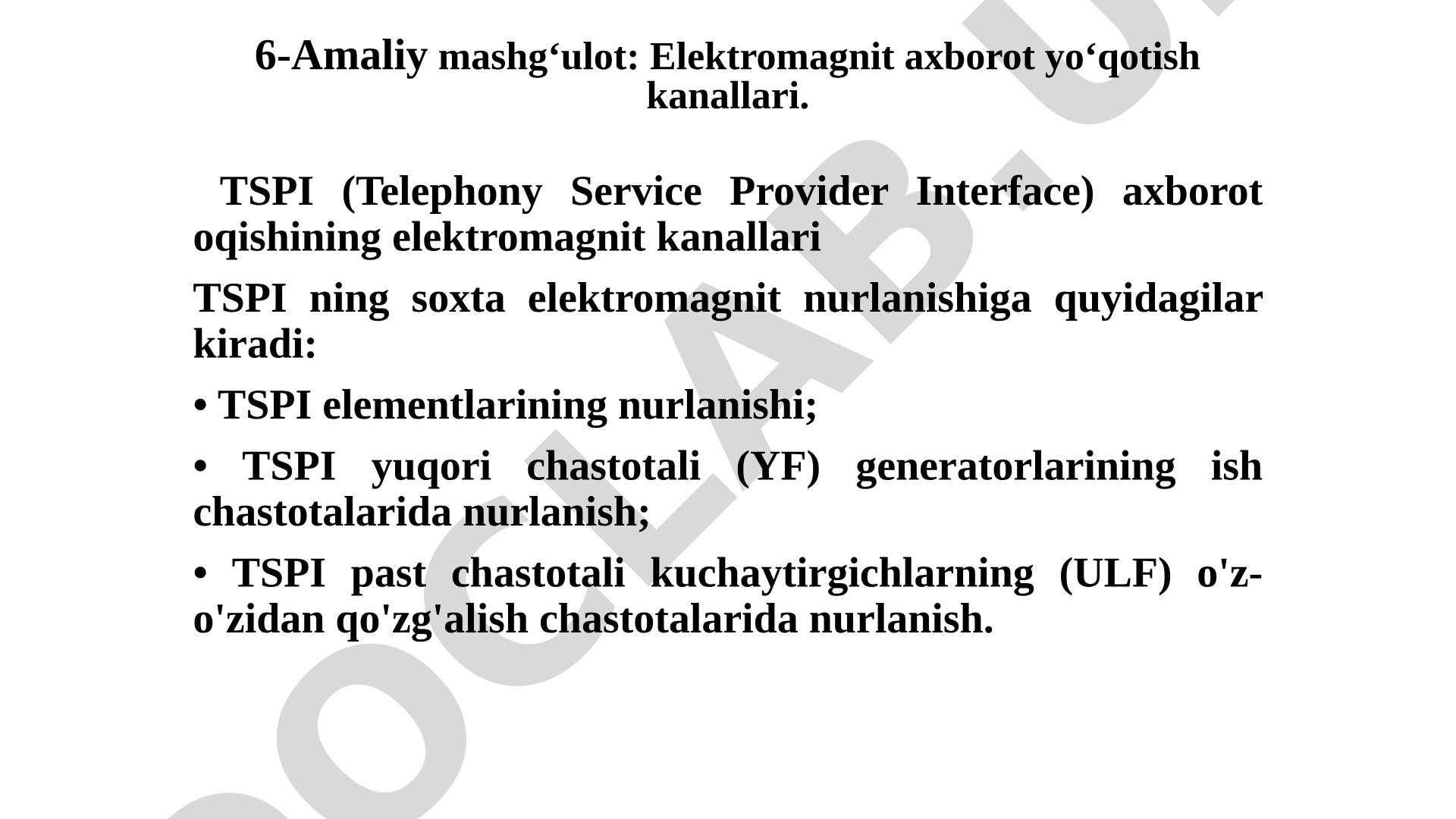 6-Amaliy mashgʻulot: Elektromagnit axborot yoʻqotish kanallari