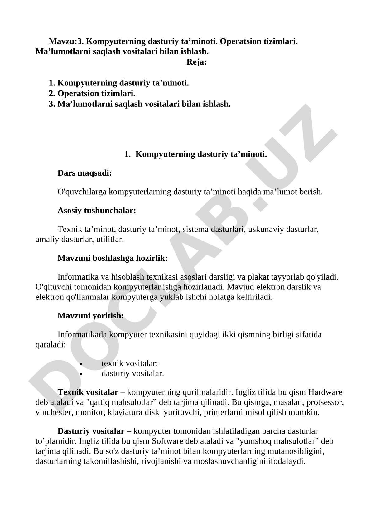 3. Kompyuterning dasturiy ta’minoti. Operatsion tizimlari. Ma’lumotlarni saqlash vositalari bilan ishlash.