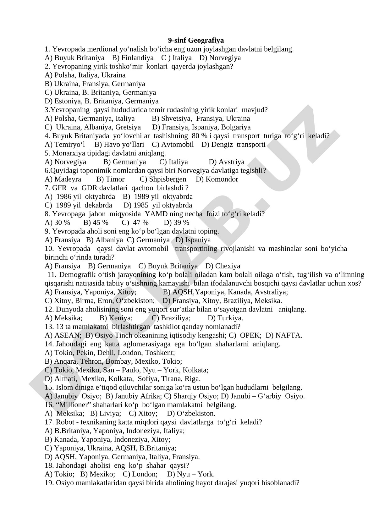Yevropa geografiyasidan 9-sinf test savollari