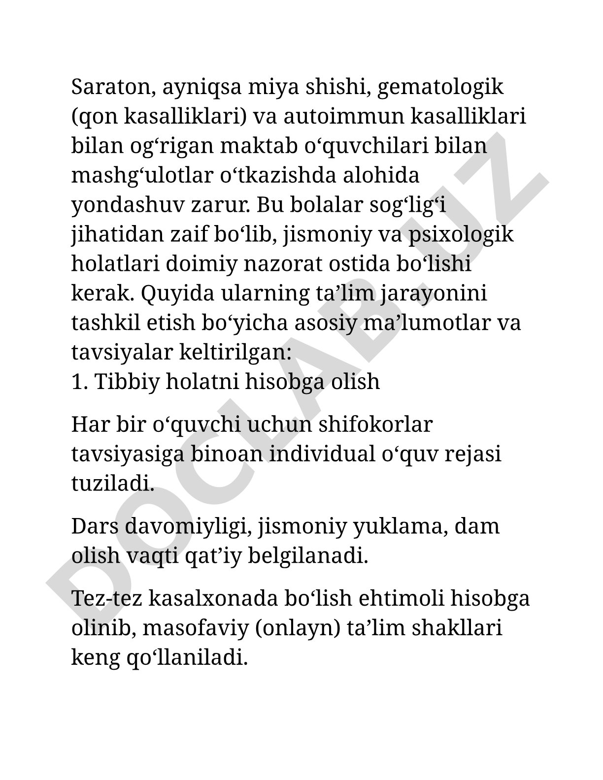 Saraton, gematologik va autoimmun kasalliklari bo‘lgan maktab o‘quvchilari bilan mashg‘ulotlar