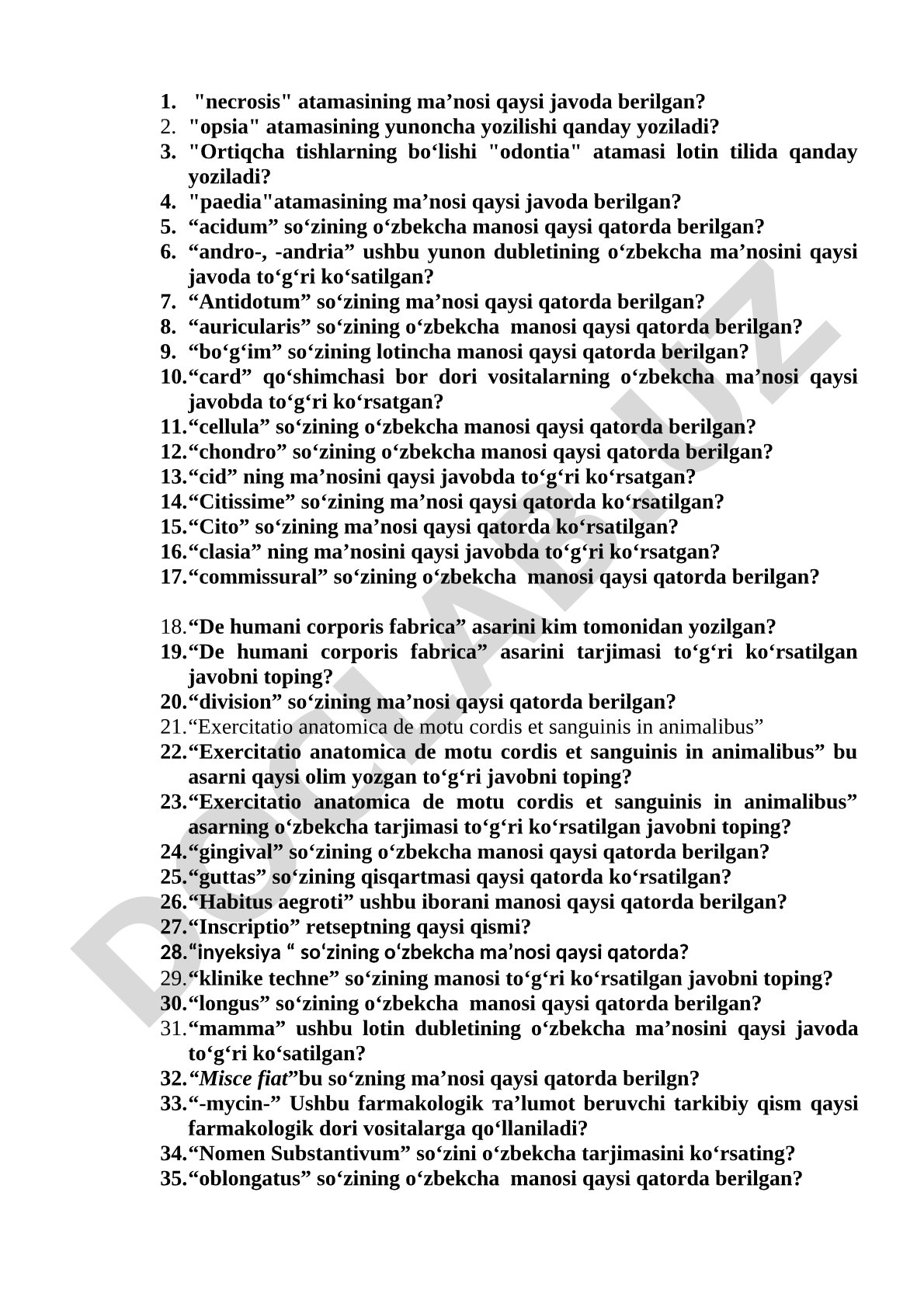Tibbiyot terminologiyasi bo'yicha test savollari