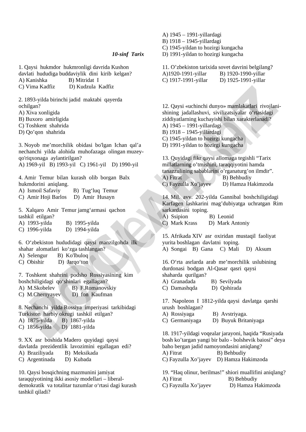 10-sinf Tarix fanidan test savollari
