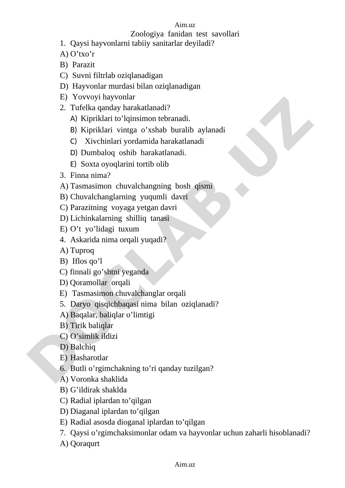 Zoologiya fanidan test savollari