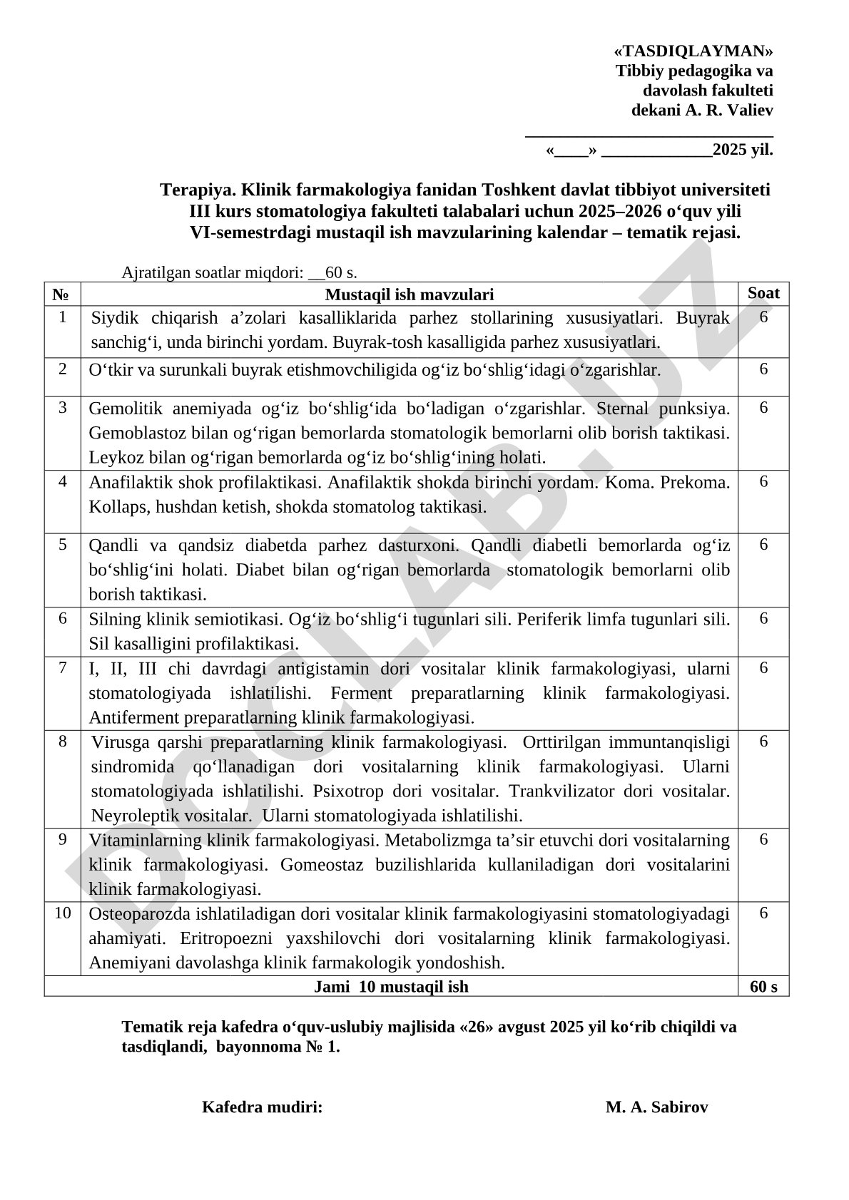 Klinik farmakologiya fanidan mustaqil ish mavzularining kalendar-tematik rejasi