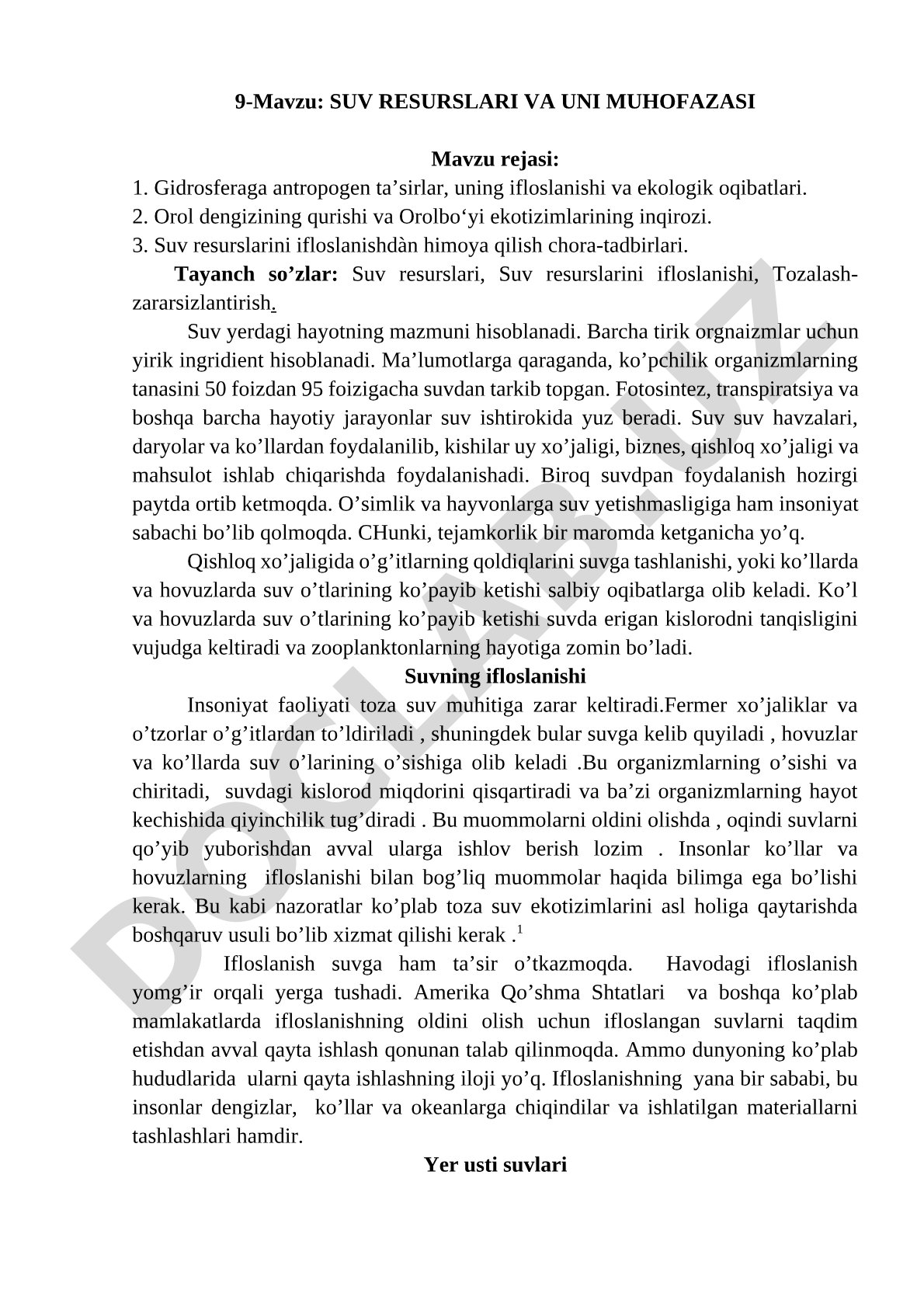 Suv resurslari va uni muhofazasi
