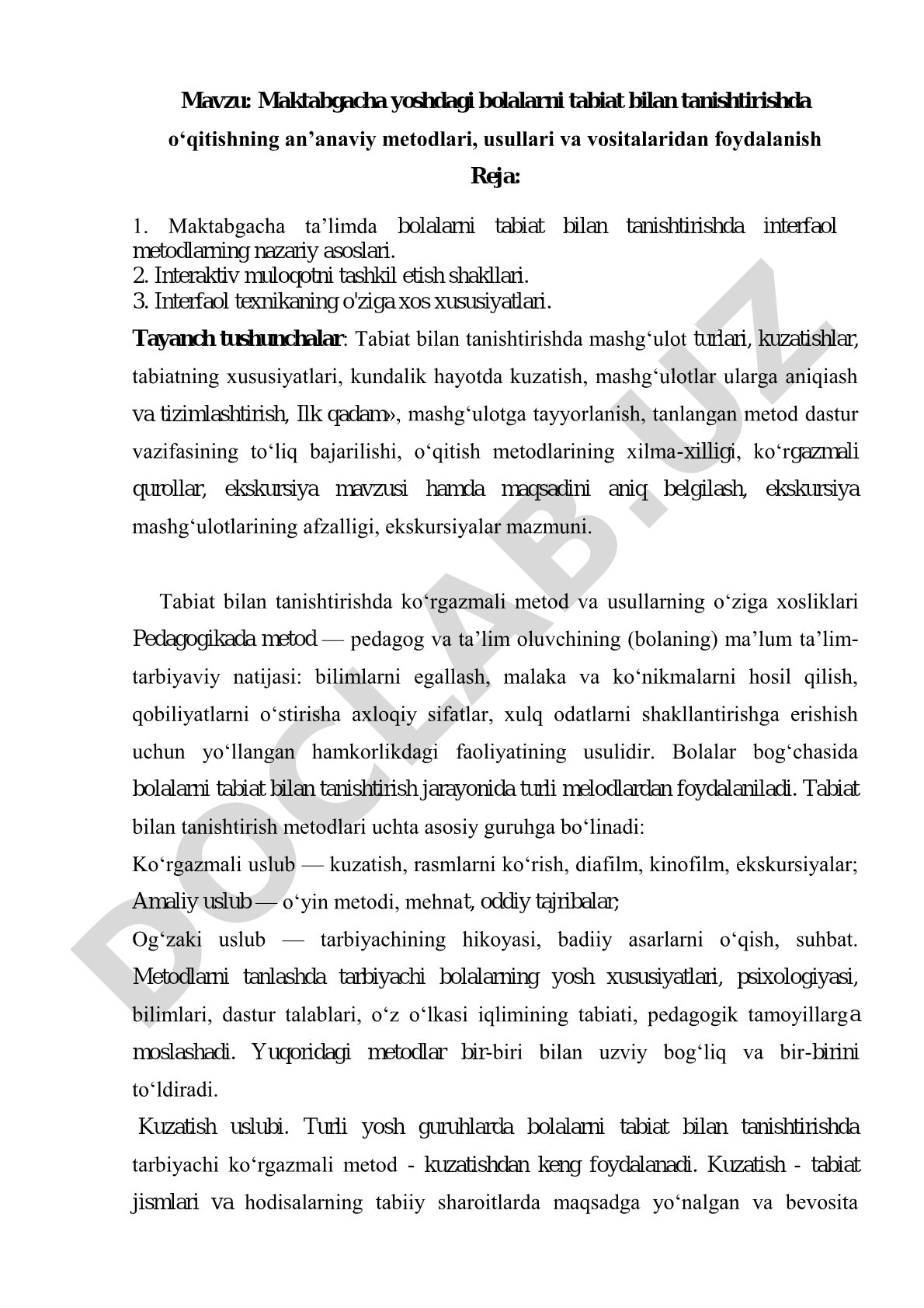 Maktabgacha yoshdagi bolalarni tabiat bilan tanishtirishda o‘qitishning an’anaviy metodlari, usullari va vositalaridan foydalanish