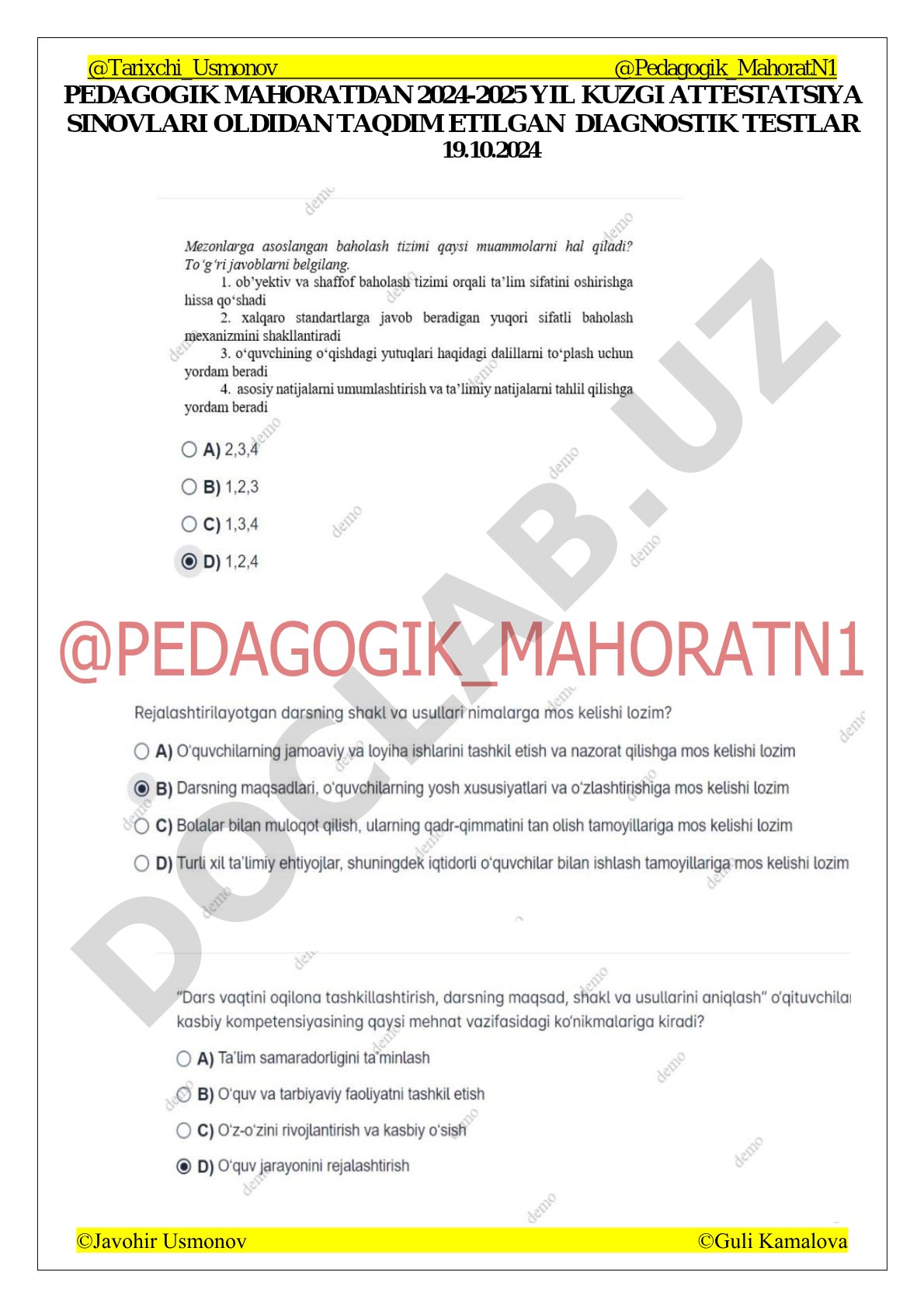 Pedagogik mahoratdan 2024-2025 yil kuzgi attestatsiya sinovlari uchun diagnostik testlar