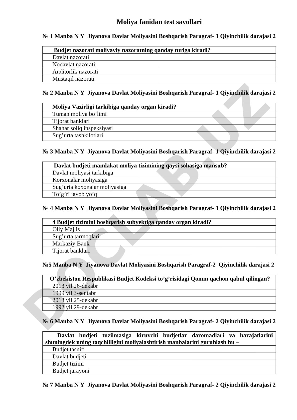 Davlat moliyasini boshqarish fanidan test savollari