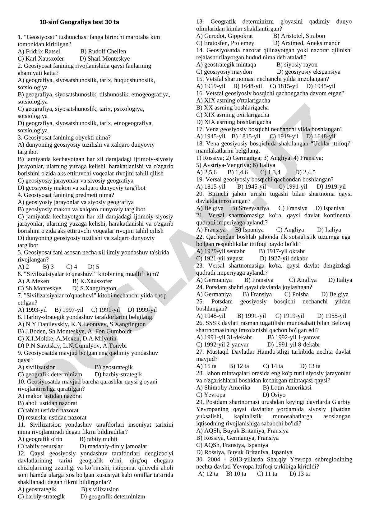 10-sinf Geografiya fanidan test savollari