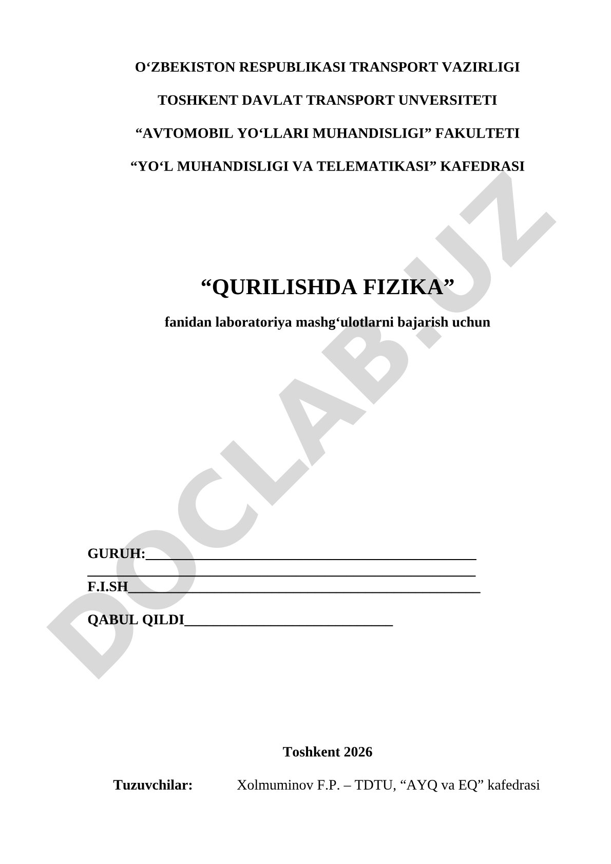 Qurilishda fizika fanidan laboratoriya ishlari