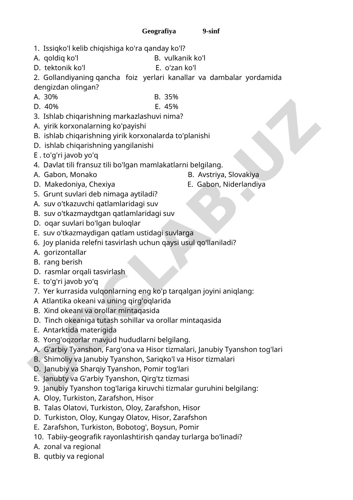 Geografiya 9-sinf test savollari