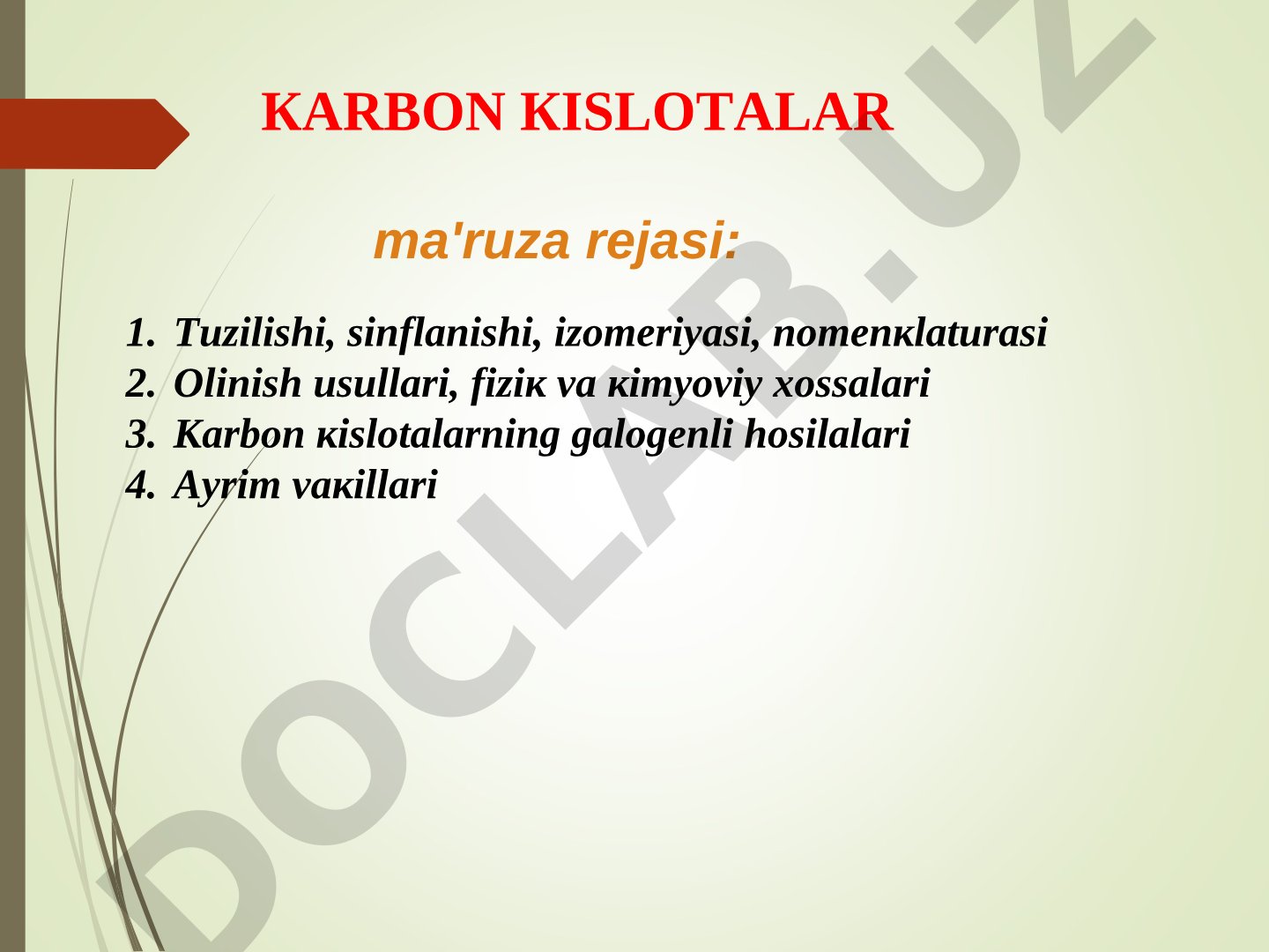 Karbon kislotalar ma'ruza rejasi