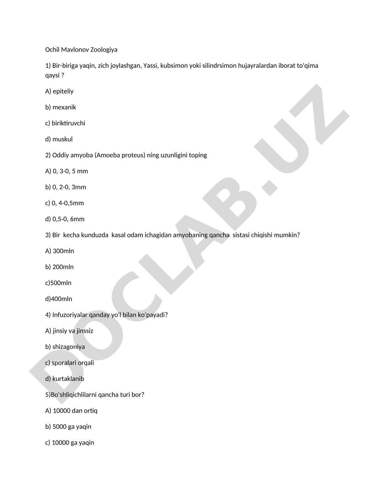 Zoologiya fanidan test savollari (epiteliy, amyoba, infuzoriyalar)