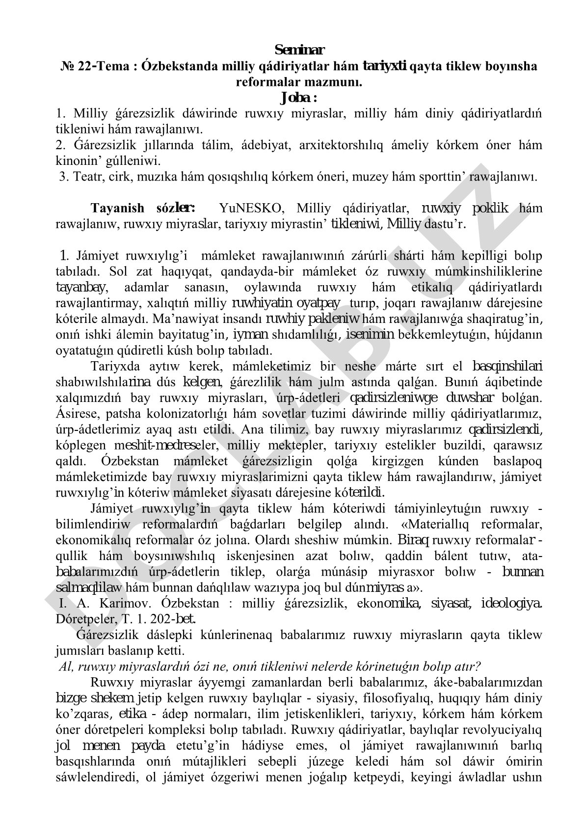Ózbekstanda milliy qádiriyatlar hám tariyxti qayta tiklew boyınsha reformalar mazmunı