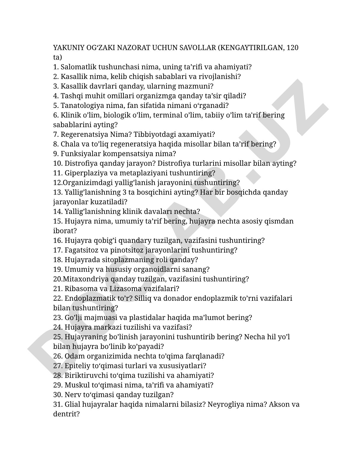 Yakuniy og‘zaki nazorat uchun savollar (Kengaytirilgan, 120 ta)