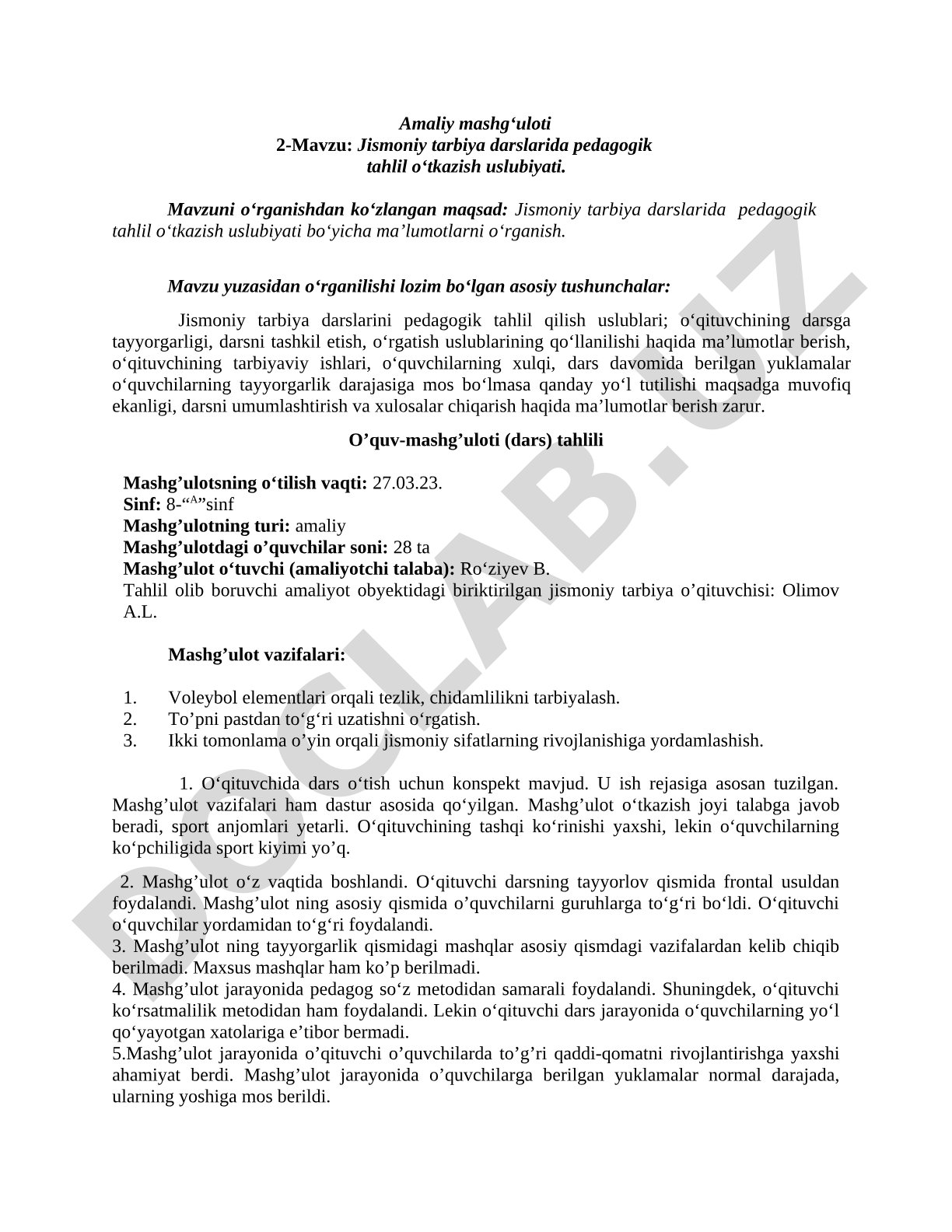 Jismoniy tarbiya darslarida pedagogik tahlil oʻtkazish uslubiyati