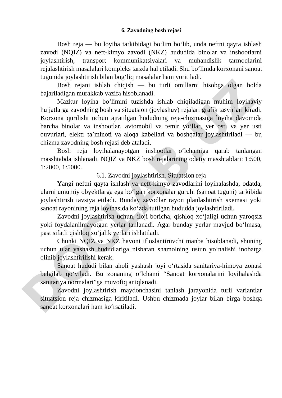 Neftni qayta ishlash zavodining bosh rejasi, joylashtirish masalalari va situatsion reja