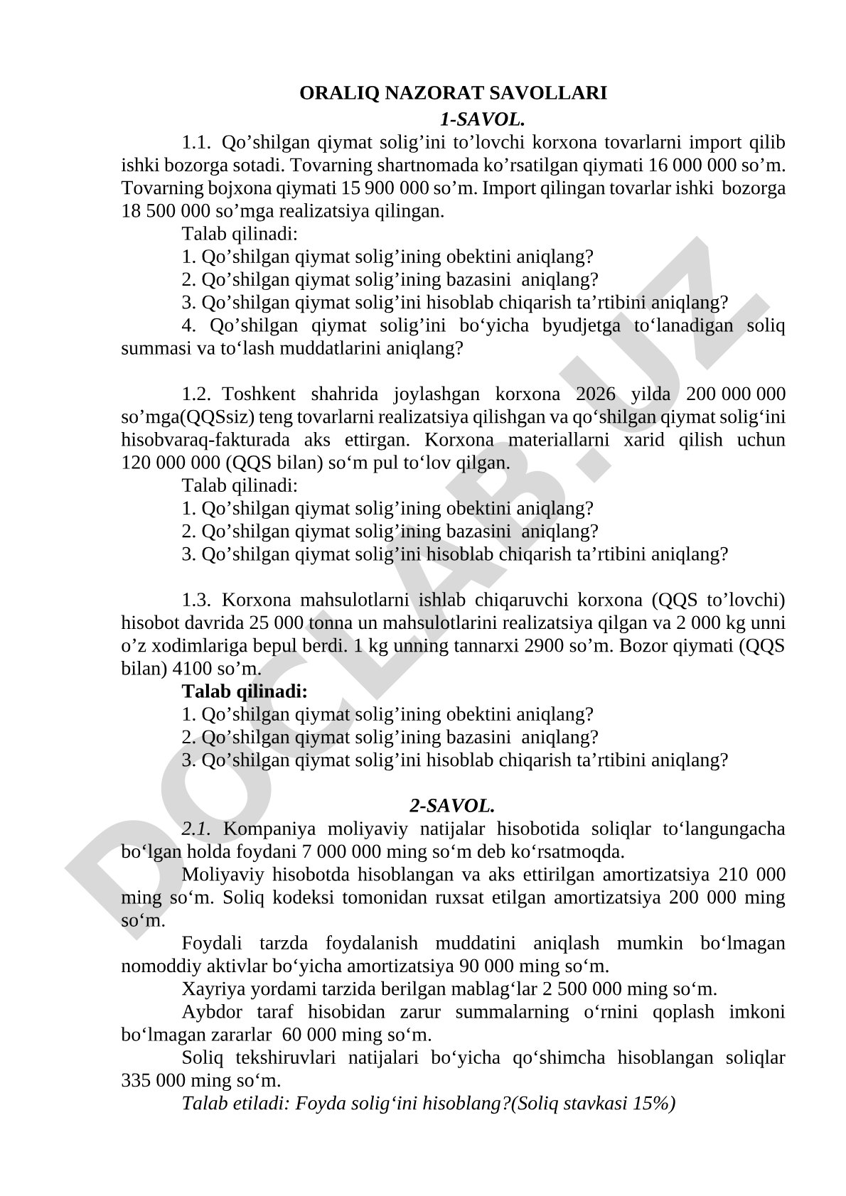 Qo'shilgan qiymat solig'i bo'yicha oraliq nazorat savollari